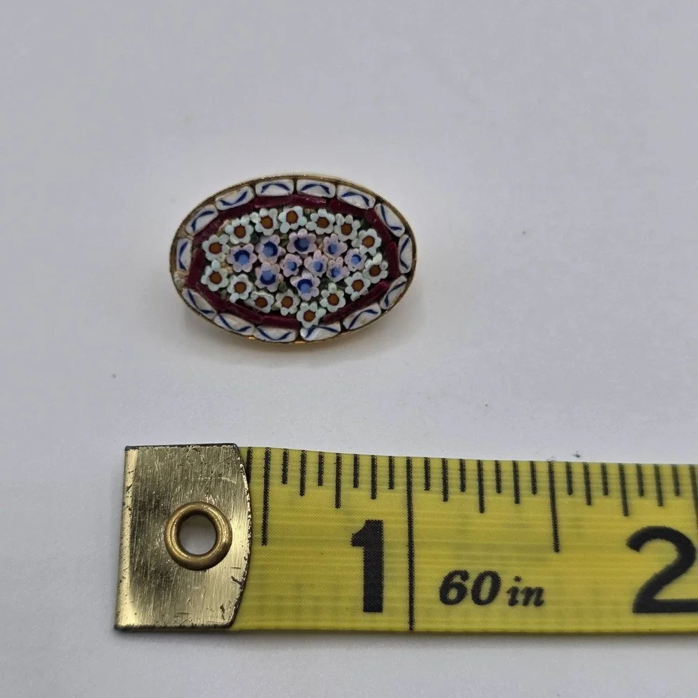 Vintage Micro Mosaic Oval Brooch Floral Design Gold‎ Tone ITALY Pin Jewerly